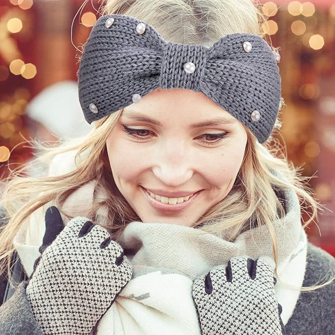 Whaline 5 Pieces Winter Knit Headbands Chunky Knit Headbands,4 Elastic Turban Head Wraps and 1 Pearl Crochet Hair Band, Ear Warmer Crochet Head Wraps for Women Girls (Pink & Gray Colors)