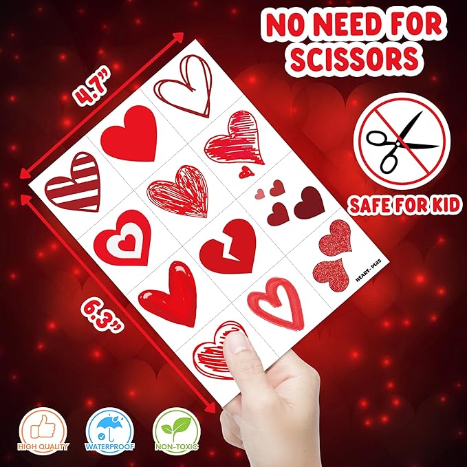 96PCS Red Heart Pre Cut Temporary Tattoos Themed Birthday Party Decorations Supplies Favors Decor Valentine Love Tattoo Stickers Gifts For Game Boys Girls Classroom School Prizes Couple Anniversary