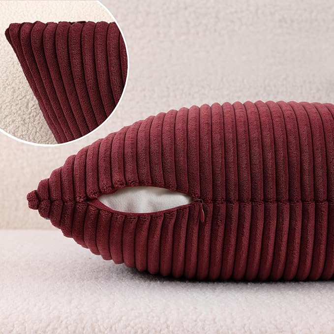 Mecatny Corduroy Decorative Throw Pillow Covers 16x16 Set of 2 Burgundy | Soft Striped Texture, Hidden Zipper Design, Neutral Boho Square Pillow Cases for Sofa Couch Living Room Bedroom, Home Décor
