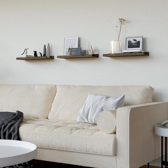 RICHER HOUSE 3-Set Floating Shelves with Lip, Brown Small Wall Shelf, 16In | Display Picture Ledge Shelf, Anti-drop lip Shelf for Room Wall Decor, Bedroom Bathroom Storage Nursery Books, Easy Setup,Wood