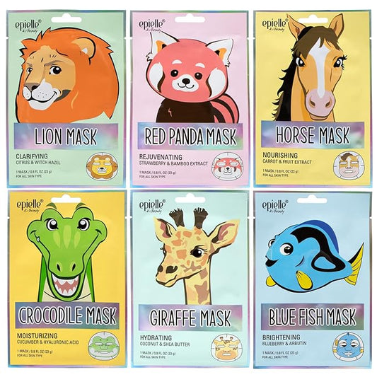 Epielle Character Face Mask Wild Kingdom 6 Pack, Fun & Effective Korean Skin Care, Spa Party Favors, Easter Basket Stuffers, Birthday Gifts for Women, Self Care Gifts