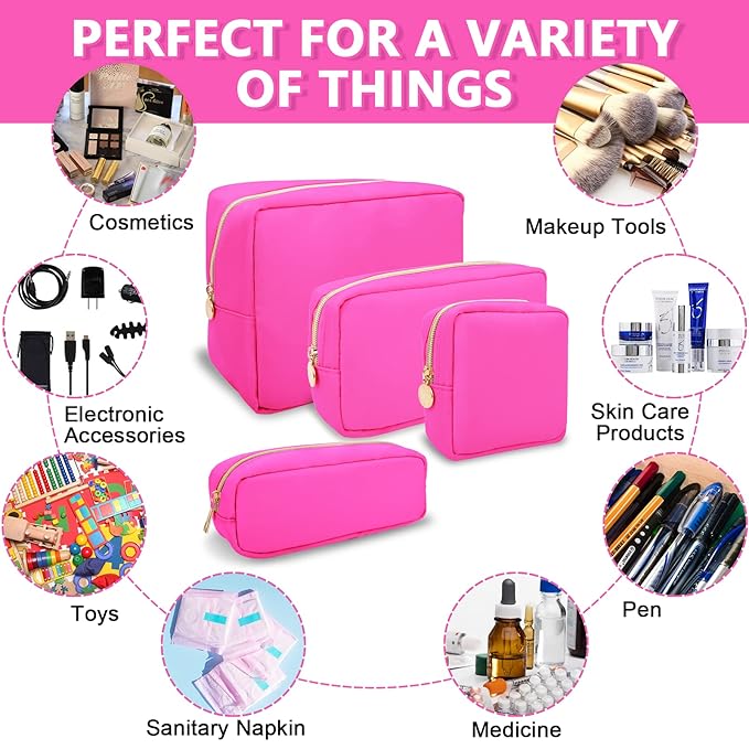 UIXIZQ Small Makeup Pouch for Purse, Nylon Travel Toiletry Storage Pouch Cute Preppy Cosmetic Bag for Women Girls, Waterproof Makeup Organizer Skincare Bag Purse with Zipper (Small-Bubblegum)