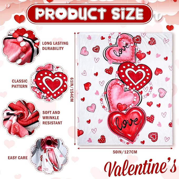 50'' x 60'' Valentine's Day Gift Throw Blanket Plush Home Decor | Red Heart Love Valentine Blanket Home Decor for Sofa Couch Bed