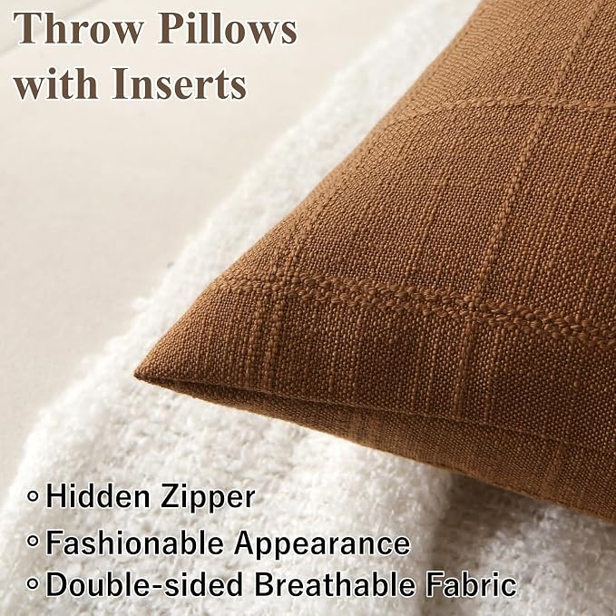 18" x 18" Decorative Throw Pillow with Inserts, Set of 2 Modern Neutral Farmhouse Vintage Throw Pillows, Square Boho Pillow for Couch, Bed, Sofa Decor (Brown, 18" x 18"(Pack of 2))
