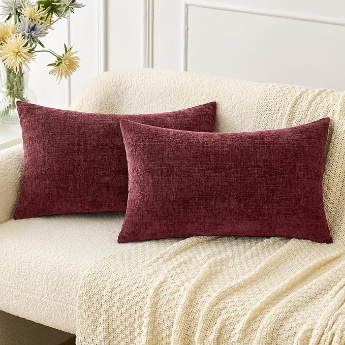 MIULEE Soft Chenille Lumbar Throw Pillow Covers Burgundy 12x20 Pack of 2 | Modern Home Decor, Classic Decorative Pillows, Solid Dyed Cases, Boho Couch Cushion Covers for Sofa Bed Living Room