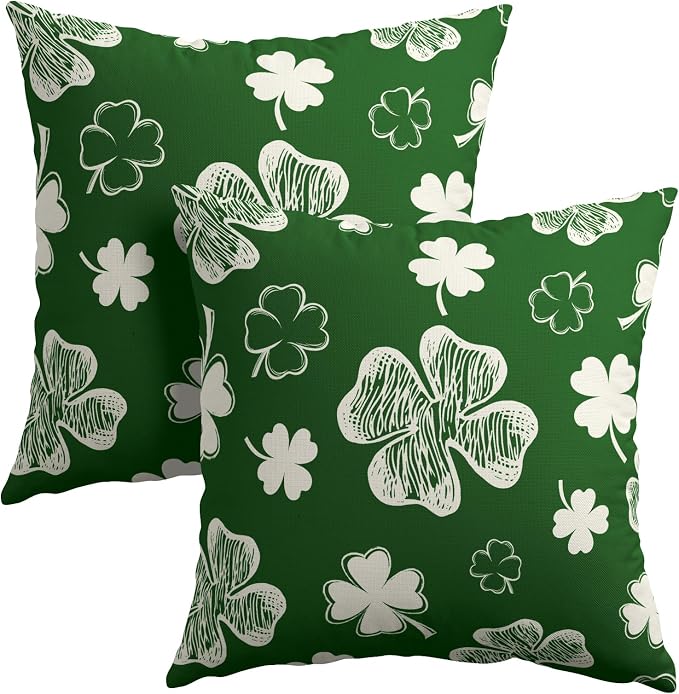 Kawani St Patricks Day Pillow Covers Set of 2, 20x20 Inch Green White Shamrock Lucky Clover Decorative Cotton Linen Throw Pillowcases for Couch Sofa Bedroom Livingroom Holiday Decor