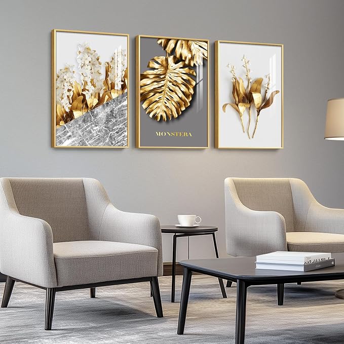 Framed Modern Luxury Large Gold Wall Art for Living Room, Set of 3 Piece Contemporary Paintings Artwork for Walls, Golden Leaf Prints with Gold Frame, Pictures for Office Wall Decor - Total 30" x 60"