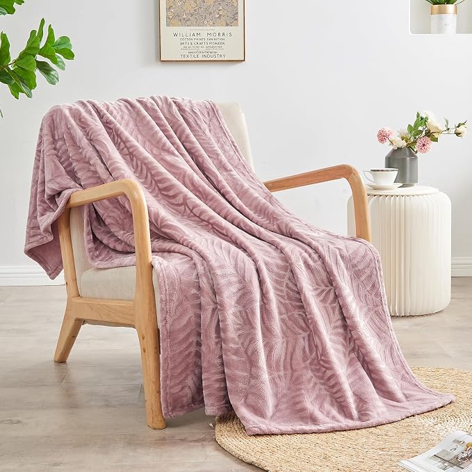 Super Soft Flannel Fleece Throw Blanket, 50 x 60 Inches, Dusty Rose | Lightweight Cozy Warm Leaves Textured Plush Blanket for Women Bed Couch Sofa