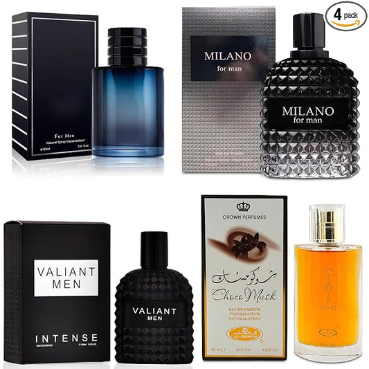 AFLUXE 4-Piece Cologne for Men Includes Choco Musk/SE/Valiant/Milano Scent of Woody, Spicy, Citrus & Aromatic eau de parfum Men Gift Set Each 100Ml for Daily Use