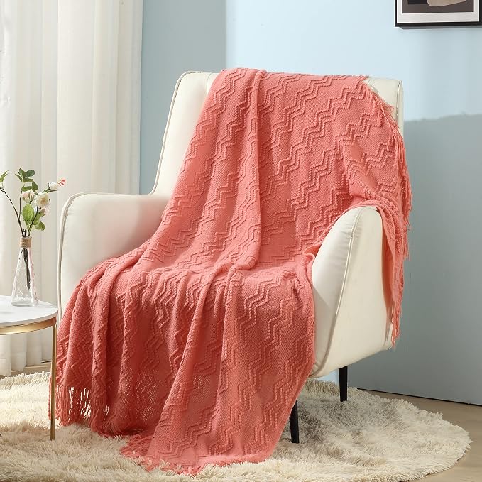 CREVENT Knitted Decorative Throw Blanket for Couch Sofa Chair Bed，Soft Warm Cozy Light Weight for Spring Summer (50''X60'' Salmon/)