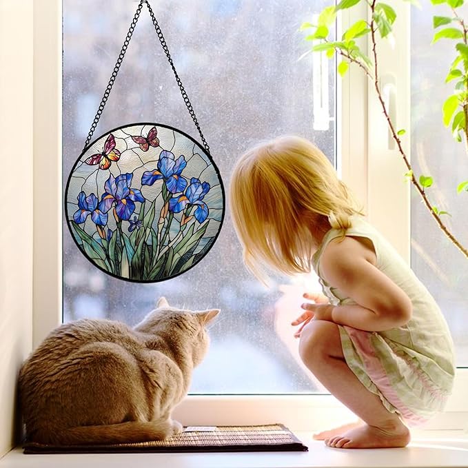 Stained Glass Window Hanging, Blue Iris Flowers Butterfly Suncatcher Diamond Colorful Glass Panel Sun Catchers Decor for Birthday for Women, Men, Wife, Aunt, and Mom 15x15 in
