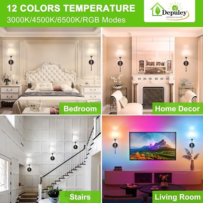 Depuley Battery Operated Wall Sconce: Set of 2 19.99" Wireless Wall Lights with Remote for Bedroom - Rechargeable 15 Colors Black and Gold Wall Lamp for Living Room Hallway Decor