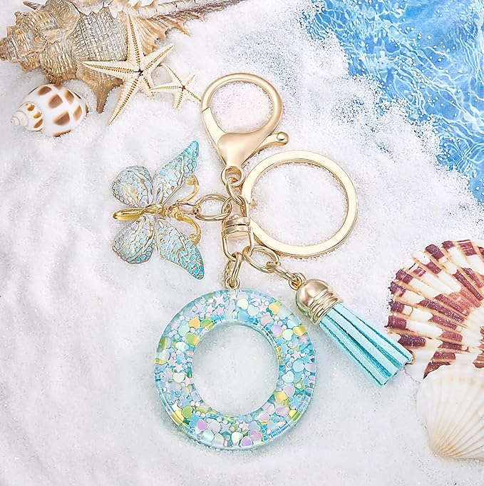 Fashion Alphabet Initial Letter Keychain Tassel Butterfly Pendant Key Ring for Purse Handbags Women Girl