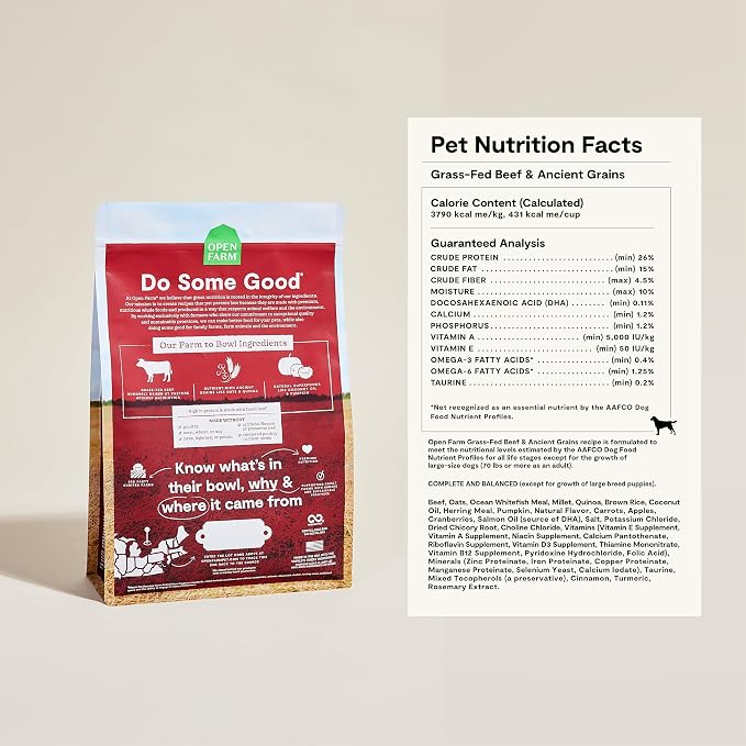 Open Farm Ancient Grains Dry Dog Food, Grass-Fed Beef Kibble, 22lb Bag | All Life Stages, All Breed Sizes, Protein-Rich & Nutrient Dense, 100% Traceable Ingredients, Non-GMO Fruits & Veggies.