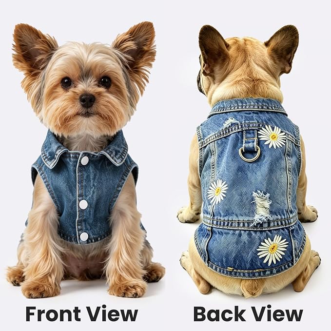 Dog Jean Jacket,Blue Denim Vest for Small Pet,Cute Clothes with D-Ring | Soft Washed Cotton Denim Costume,Cool Apparel Dress Shirt for Puppy,Classic Coat Outfit for Small Dogs Cats Boy Girl