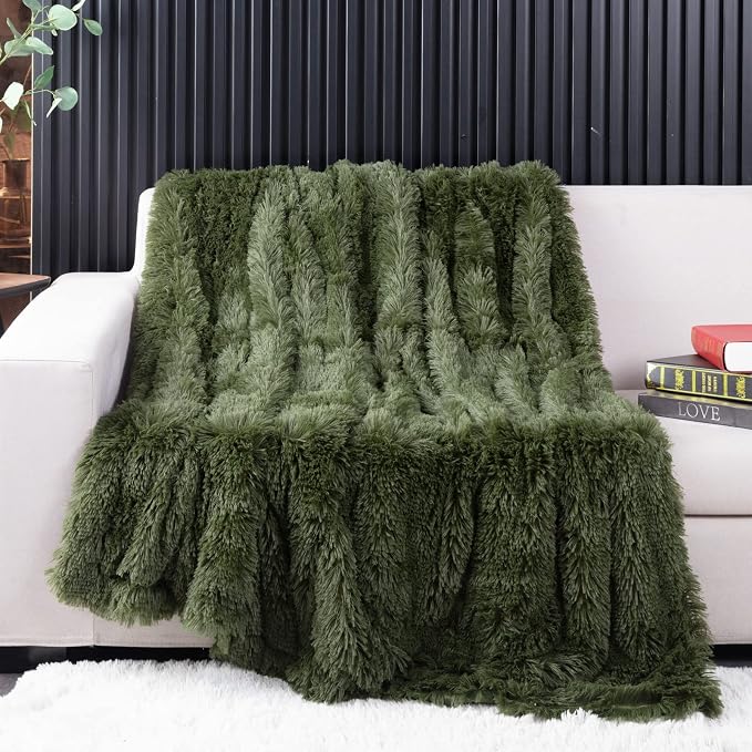 YUSOKI Long Faux Fur Throw Blanket, Olive Green,50" x 60" | Ultra Soft, Lightweight for All Season Use, stays fluffy after repeated washes, Perfect Gifts, Machine Washable