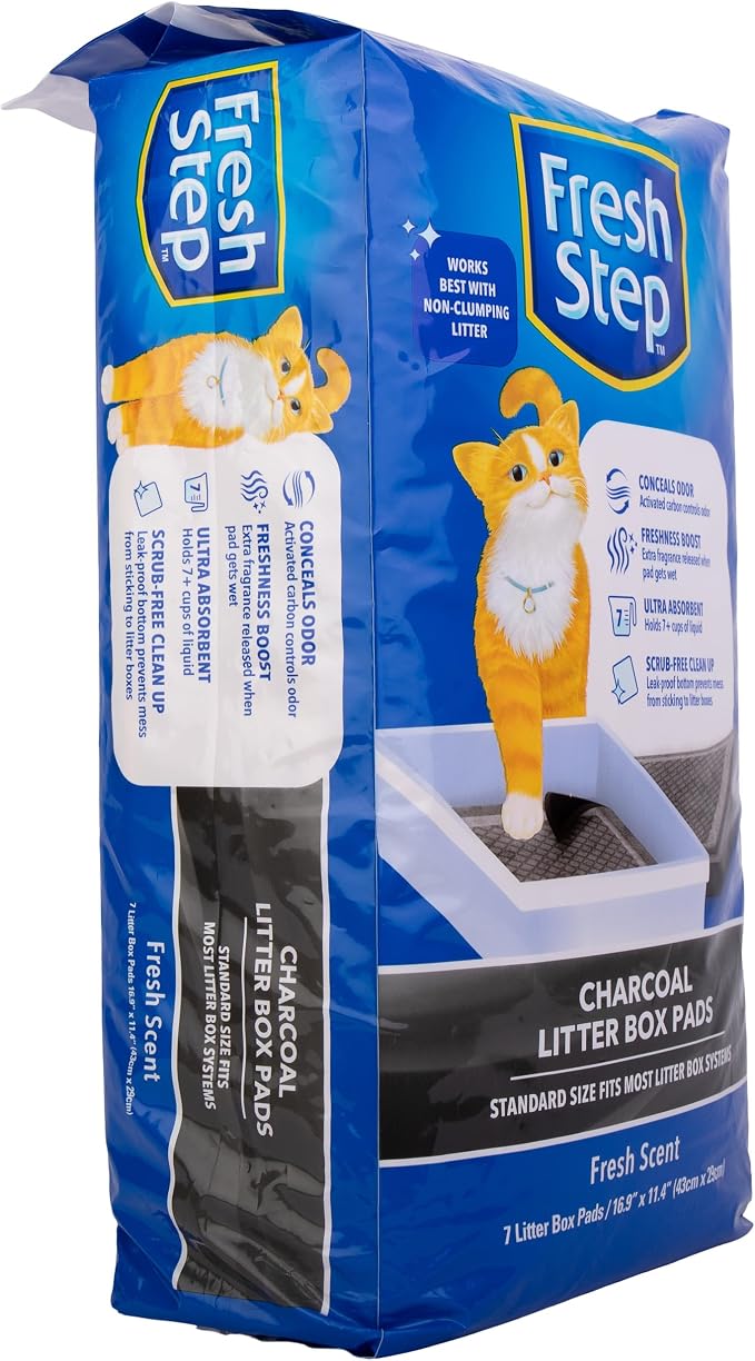 Fresh Step Charcoal Cat Litter Box Pads, Activated Carbon, 7 Count | Ultra-absorbent, leak-proof bottom, scrub-free cleanup, controls odor, 16.9 x 11.4 inch pads