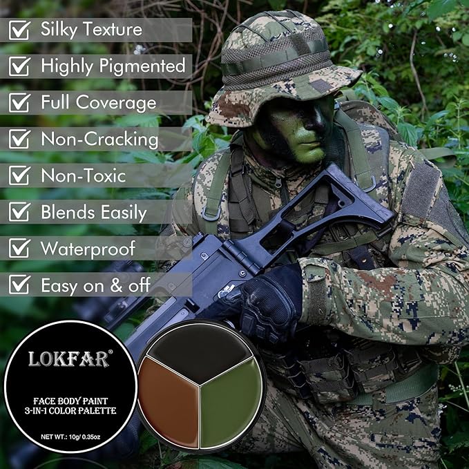 Black Brown Green Face & Body Paint - Blendable Facepaint Foundation with Sponge & Brush for Skin, Professional Halloween Face Make-up Kit for Camo Hunting Army Military Deer Camouflage Dirt Costume
