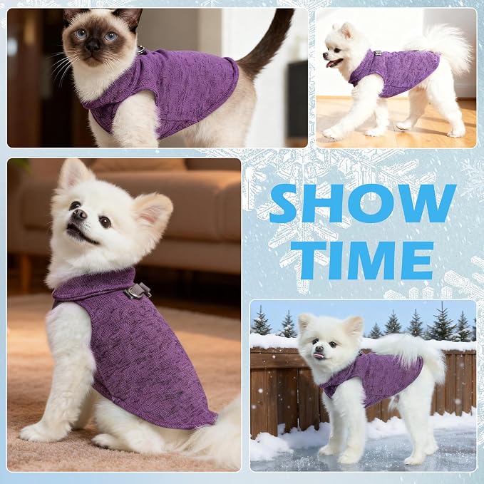 Fleece Dog Sweater - Pullover Dog Jacket, Warm Winter Coat Vest with D-Ring for Leash, Pet Cold Weather Clothes Outfit, Sweatershirt for Boys or Girls Puppy Purple L