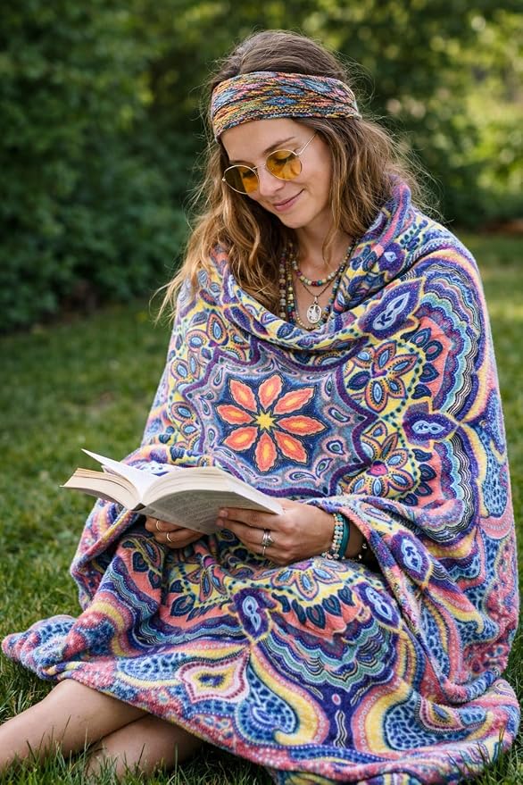 Boho Floral Fleece Throw Blanket: Mandala Bohemian Botanical Paisley Damask Velvety Soft, Bright Purple Pink Yellow White Durable Plush Accent for Bed or Couch, 50" x 70"