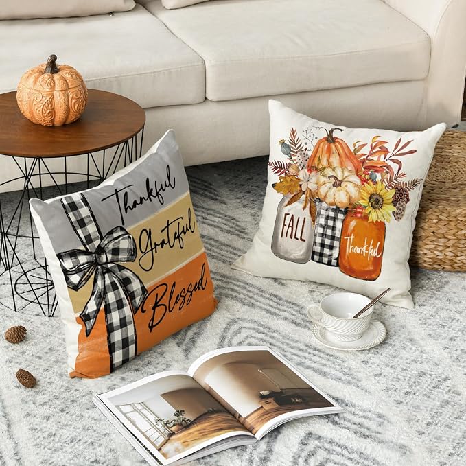 AVOIN colorlife Fall White Pumpkin Vase 18x18 Inch Pillow Covers Set of 4 | Home Sweet Home Autumn Thankful Grateful Blessed Harvest Floral Seasonal Harvest Decoration Sofa Couch Farmhouse Decor