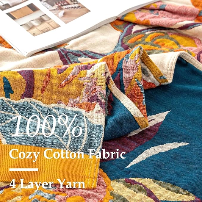 LUTBM King Throw Blanket for Bed -100% Cotton Soft Boho Summer Blankets | 90"x108" Reversible Floral Butterfly Bedspread, All-Season, For Chair Sofa Couch Bedroom Decor, Lightweight Breathable Quilt