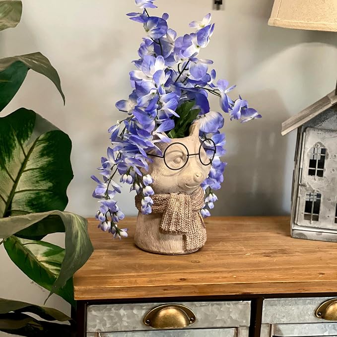 Fox Cement Vase, 8.25 Inch Bespectacled Woodland Planter | Distressed Taupe Finish, Real Black Wire Glasses, Gold-Brushed Knit Scarf, 2.75 Inch Opening for Flowers or Pens