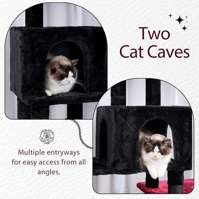 Hey-brother Cat Tree Tower with Stable Extended Base, 3 Platforms, MPJ038BR | 70.9 Inches Multi-Level Sisal Scratching Posts, Wide Bed, 2 Cozy Condos, 2 Hammocks, Toy Balls for Indoor Cats, Black and Red