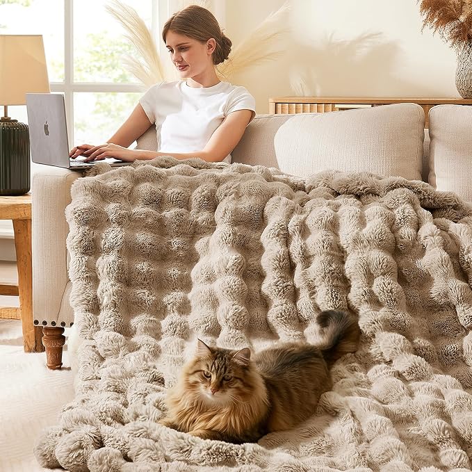 L'AGRATY Faux Rabbit Fur Throw Blanket for Couch, 50'' x 60'', Light Linen | Soft Cozy Bubble Fluffy Blanket for Sofa Bed, Thick Warm Plush Fuzzy Throw for Room Home Decor, Luxury Gift for Women Mom