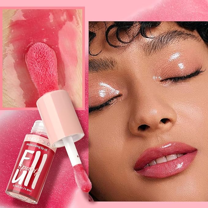 Anglicolor 2PC Lip Oil and Metallic Glitter Pink Lipstick,Natural Lip Plumper,Fruit Flavoured Lip Oil,For Dry Lip's Moisturizing Hydrating,Vegan & Cruelty-free (02 Pandora+15)