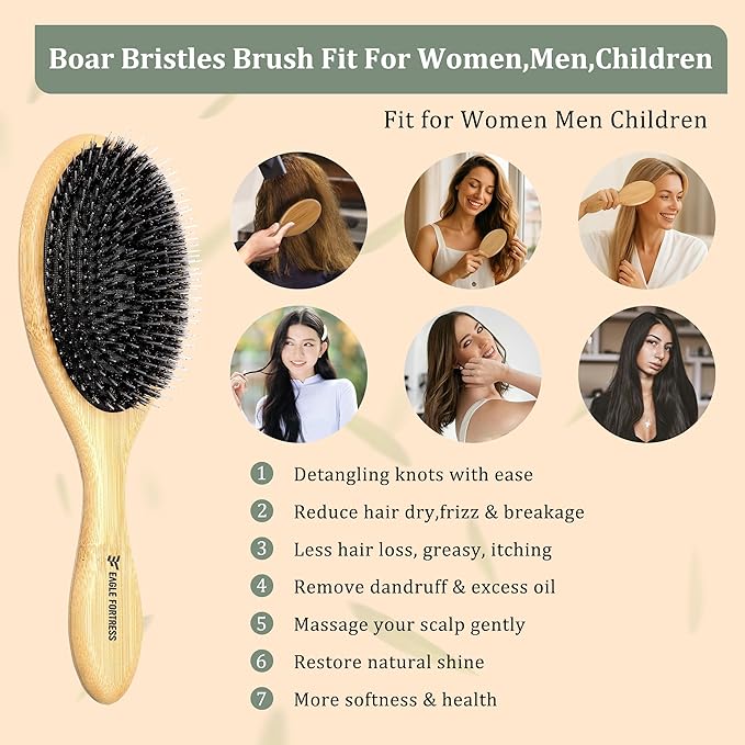 Eagle Fortress Boar Bristle Hair Brush for Women, Detangler Brush for Wet, Dry & Damaged Hair with Long Pins for Thick & Long Hair - Bamboo