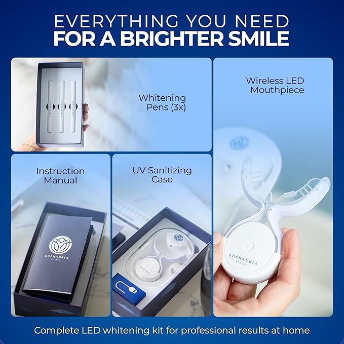 Euphauria Sensitive Teeth Whitening Kit with LED Light At Home, 12% Hydrogen Peroxide Teeth Whitening Gel Pen (Pack of 3), Enamel Safe, Rechargeable Wireless Red & Blue UV Whitening Spectrum with Case