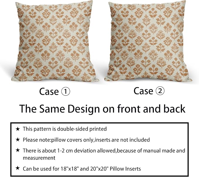 Burnt Orange Floral Pillow Covers 22x22 Inch Set of 2, Vintage Flower Block Print Pattern Decorative Throw Pillowcases Outdoor Farmhouse Cushion Covers Spring Summer Rustic Sofa Couch Bed Decor