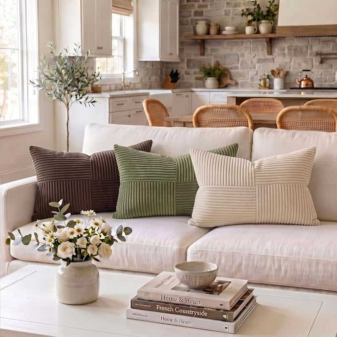 Fancy Homi Olive Green Lumbar Decorative Throw Pillow Covers 12x20 Inch for Living Room Couch Bed, Farmhouse Boho Home Decor, Soft Striped Corduroy Rectangle Accent Cushion Case 30x50 cm