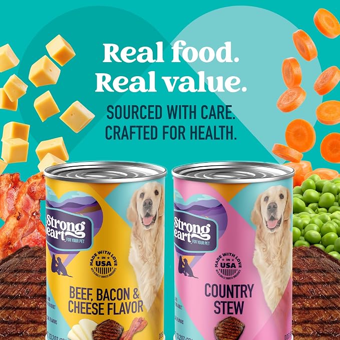 A Strong Heart Variety Pack, Beef Bacon & Cheese & Stew, 12pk | Two recipes, complete & balanced all life stages, Made in USA, 13.2oz cans