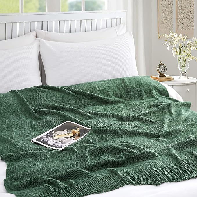 Homiest Dark Green Knitted Throw Blanket with Fringe, 50x60 Inch | Pure Acrylic, Lightweight & Breathable, All-Season Use, Machine Washable, Wrinkle & Fade Resistant, for Couch Sofa And Bed