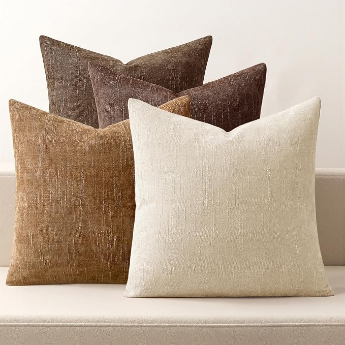 MIULEE Pack of 4 Fall Decorative Throw Pillow Covers Chocolate Brown 22x22 Inch Chenille Textured Throw Pillows Boho Farmhouse Rustic Cushion Covers Vintage Home Decor for Couch Sofa Bed Living Room