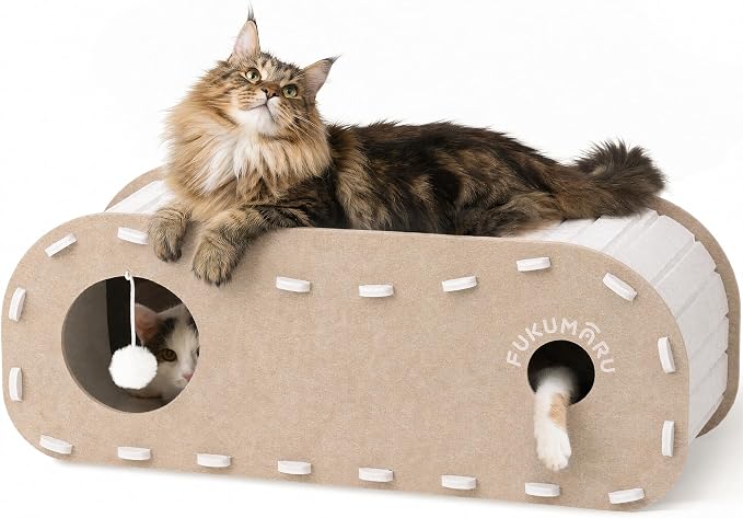 FUKUMARU Cat Bed Cave Tunnel, 31.5 Inch, Cat House Condo Indoor, Beige | Extra Long Design, For Multiple & Large Cats, Felt Material, Fluffy Ball Included, Scratch Resistant