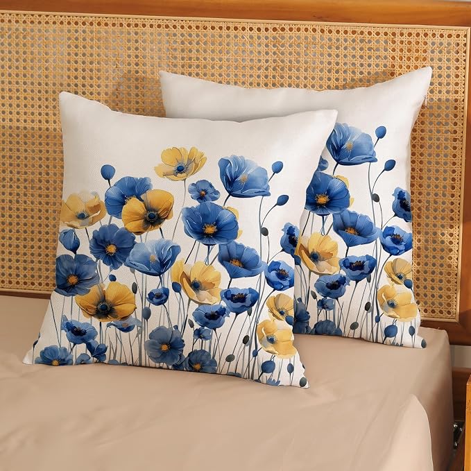 Spring Floral Pillow Covers 18x18 Set of 2 Blue Yellow Flower Decorative Throw Pillow Covers Decoration Summer Seasonal Pillowcase Farmhouse Decorative Cushion Cover For Home Sofa Outdoor Decor