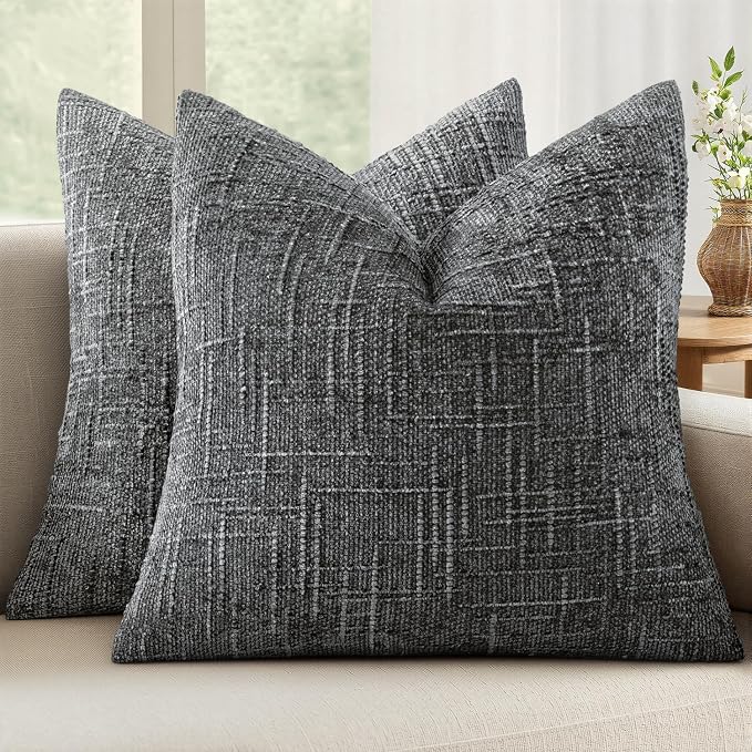 MIULEE Chenille Textured Throw Pillow Covers Dark Grey 18x18 Set of 2 | Slubby Decorative Pillows, Boho Farmhouse Home Decor, Modern Neutral Cushion Covers for Couch Sofa Bed Living Room