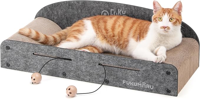 FUKUMARU Large Cat Scratcher Bed, 26 Inch Cat Scratching Bed Sofa Indoor | Cardboard Cat Scratcher with 2 Reversible Scratch Pad Refills, Durable Large Cat Scratching Lounger with Ball Toy, Grey