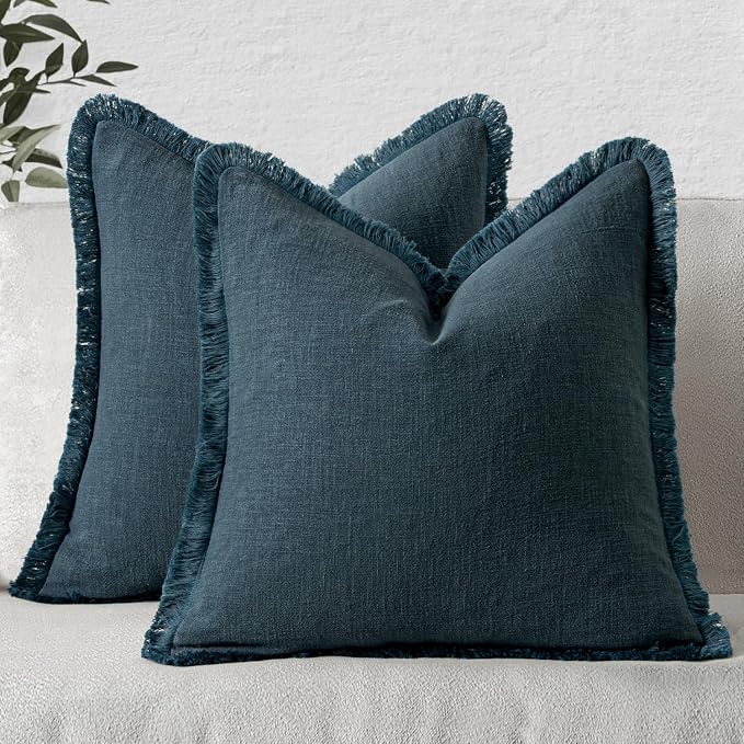 MIULEE Linen Fringe Decorative Euro Throw Pillow Covers Navy Blue 24x24 | Set of 2, Cottagecore Decor, Boho Farmhouse Coastal Pillow Covers, Rustic Couch Cushion Cases for Sofa Bed Living Room