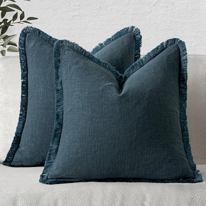 MIULEE Boho Linen Fringe Decorative Throw Pillow Covers Navy Blue 20x20 | Set of 2, Cottagecore Decor, Boho Farmhouse Coastal Pillow Covers, Rustic Couch Cushion Cases for Sofa Bed Living Room