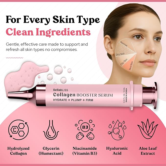 BellaBLISS Collagen Booster Serum for Face – Hydrating & Plumping Korean Skincare with Anti-Aging, Fine Line Reduction, Firming & Glowing Skin Benefits – Lightweight Formula – 0.33 Fl Oz (10mL)