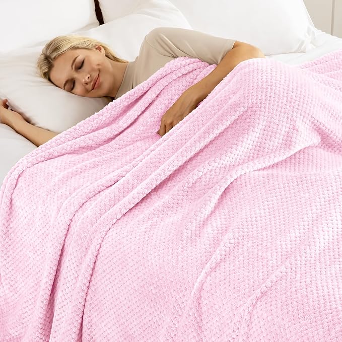 Exclusivo Mezcla Large Waffle Fleece Throw Blanket for Couch, Light Pink | Lightweight Soft Blanket for Sofa, Bed, Living Room, Plush Fluffy Throw for Home Decor, Travel, All Season, 50x70 Inches