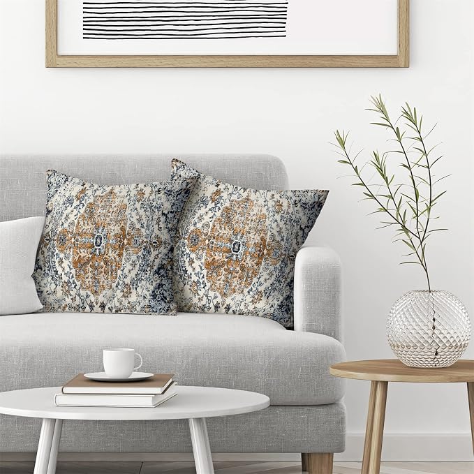 AEIOAE Boho Pillow Covers 18x18 Inch Set of 2,Carpet Pattern Throw Pillows Case,Gold Blue Ethnic Design Outdoor Decorative Square Linen Farmhouse Decor Cushion Covers for Home Sofa Bed Couch