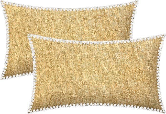 BRAWARM Chenille Throw Pillow Covers 12x20 Inches, Gold, 2 Pack | Decorative Lumbar Pillow Covers with Shell Edge, Soft Cushion Cases for Sofa Bed Living Room Home Farmhouse (No Insert)