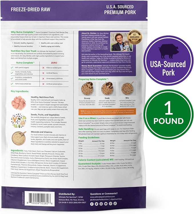 ULTIMATE PET NUTRITION Nutra Complete Freeze-Dried Raw Dog Food, Pork 1lb | Vet-formulated with antioxidants, prebiotics, & amino acids, full meal or topper for adult canines, all breeds & sizes