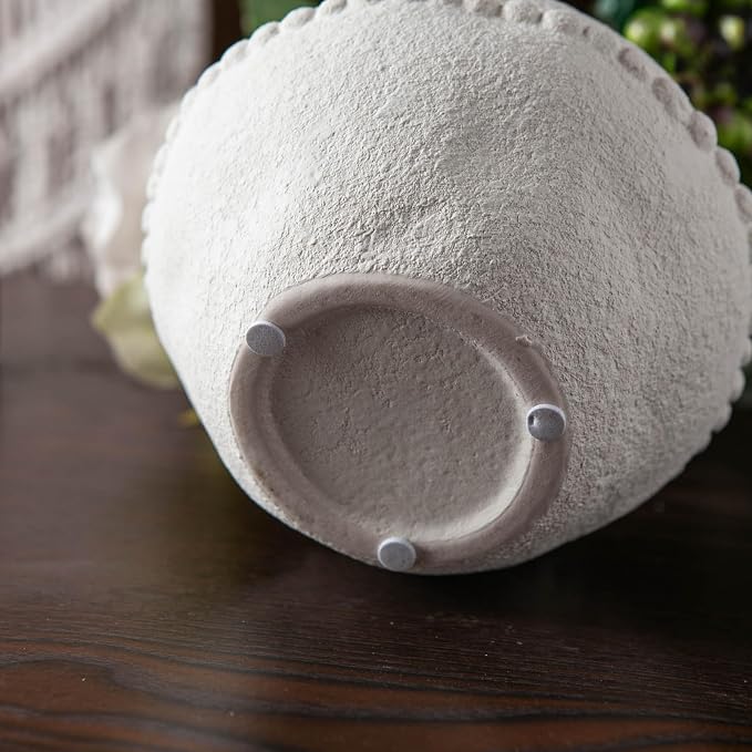 Mowtanco Rustic Ceramic Vase with Boho Wooden Beads, Matte Decorative Pottery for Modern Farmhouse and Bohemian Decor, Floral Arrangements, Bedroom, Shelf, or Side Table Accents