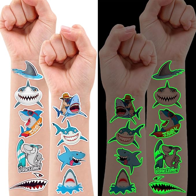 96 PCS Ocean Shark Glow In The Dark Pre-Cut Temporary Tattoos Sticker Sea Animal Birthday Party Decorations Decor Favors Supplies Gifts Boys Girls Cute Fake Tattoo School Reward Themed (Luminous)